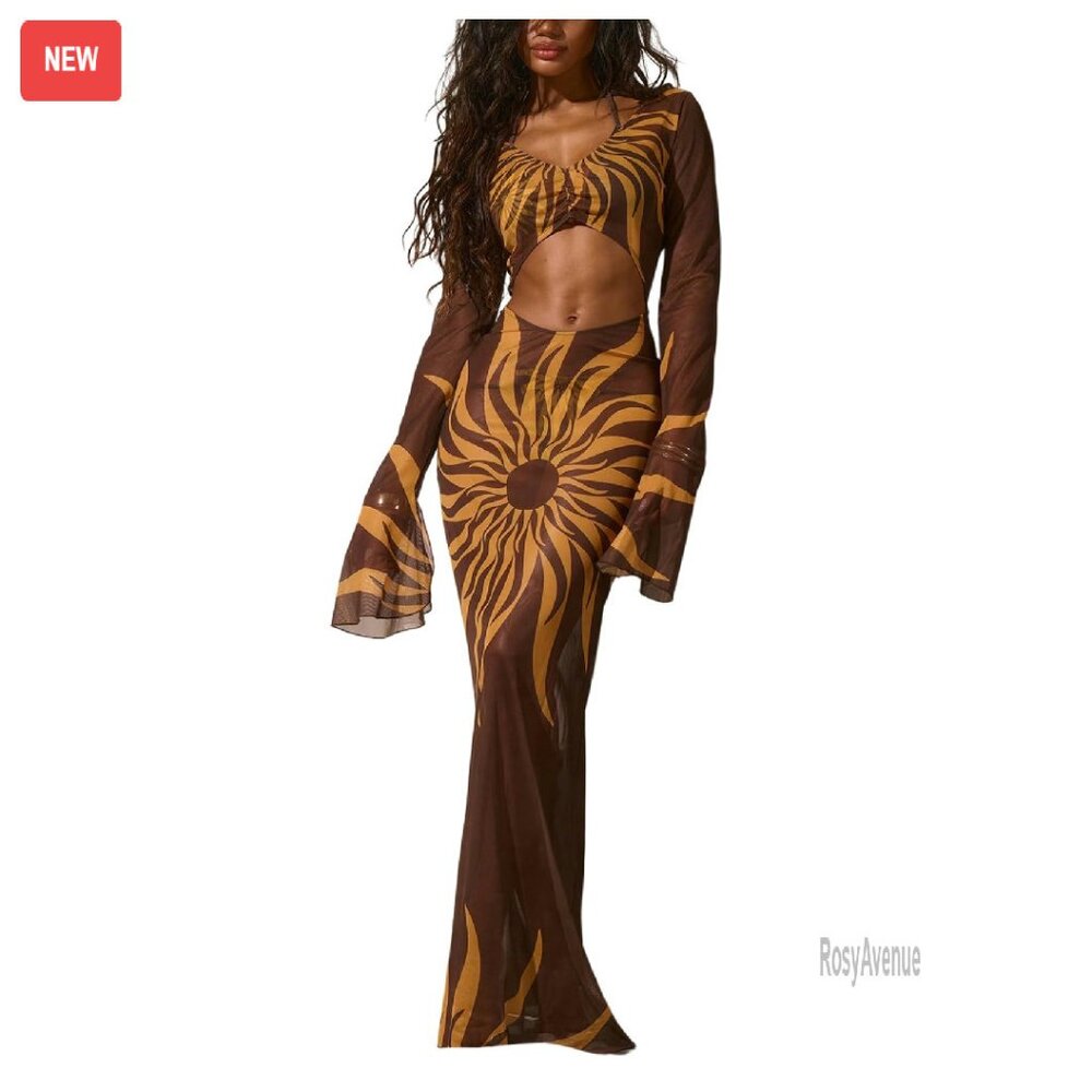 Sheer Mesh Cut Out Maxi Beach Dress Long Sleeve Bodycon Cover Up